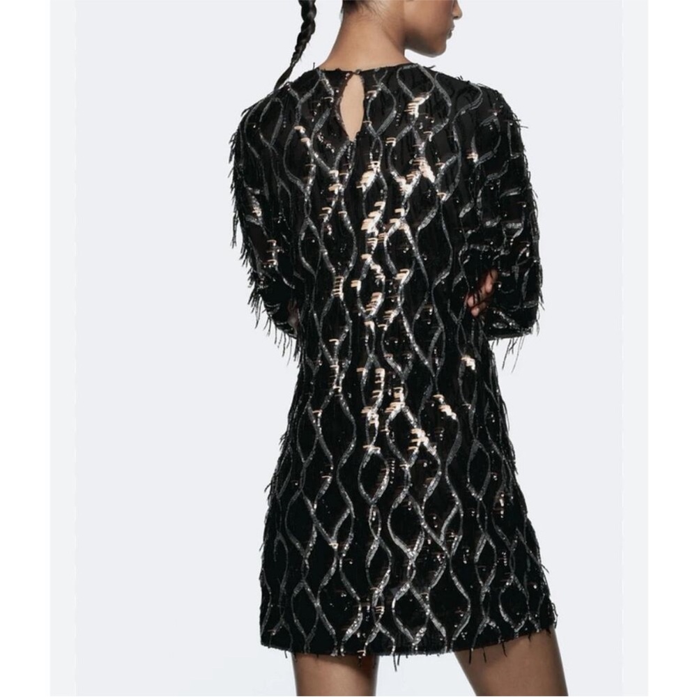 Nwt-Zara- SEQUIN FRINGED MINI DRESS - Picture 3 of 15